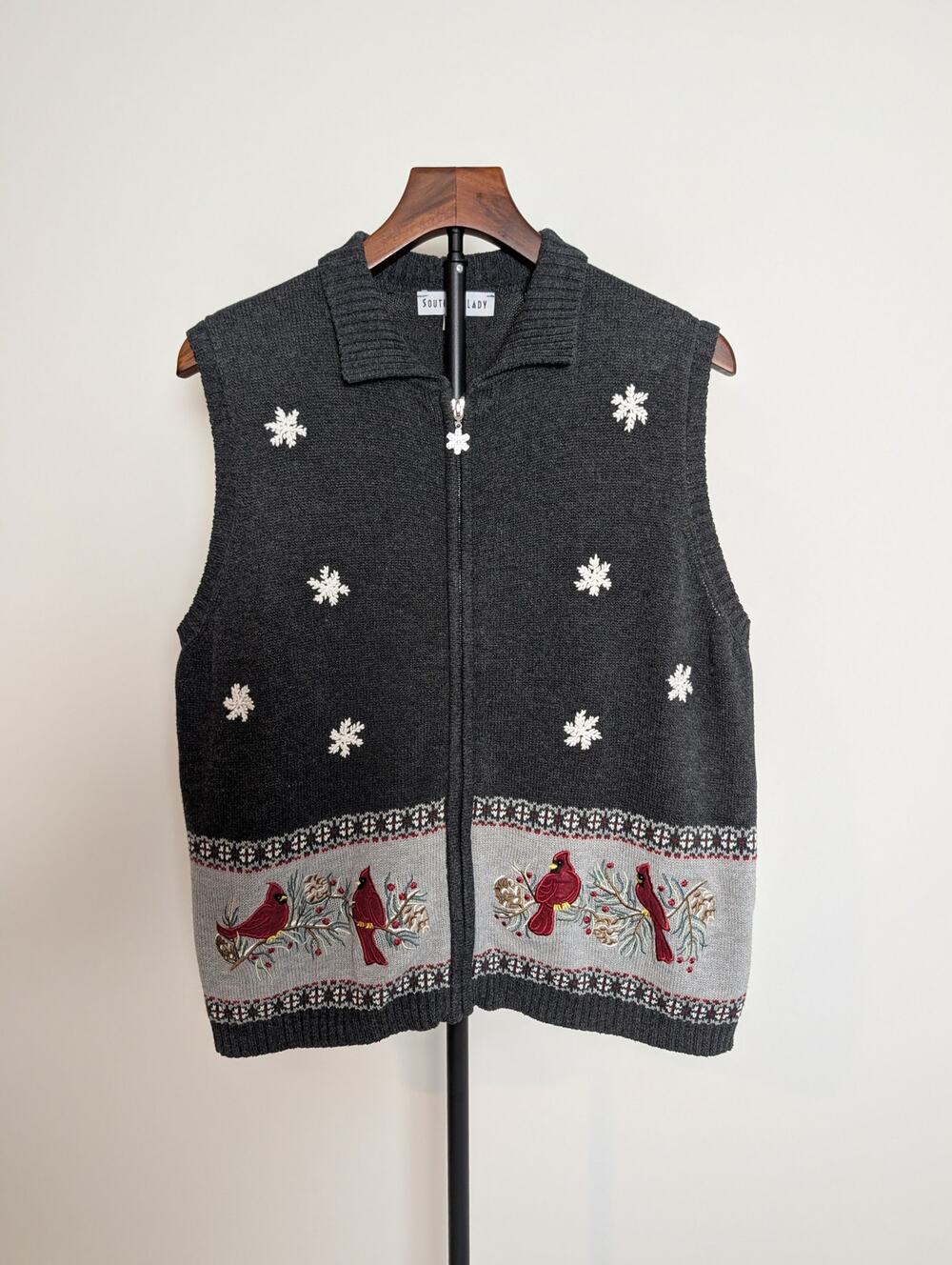 Vintage Southern Lady Embroidered Christmas Cardinal Sweater Vest